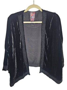 JWLA Johnny Was Black Velvet Embroidered Kimono Open Cardigan Jacket EUC Small